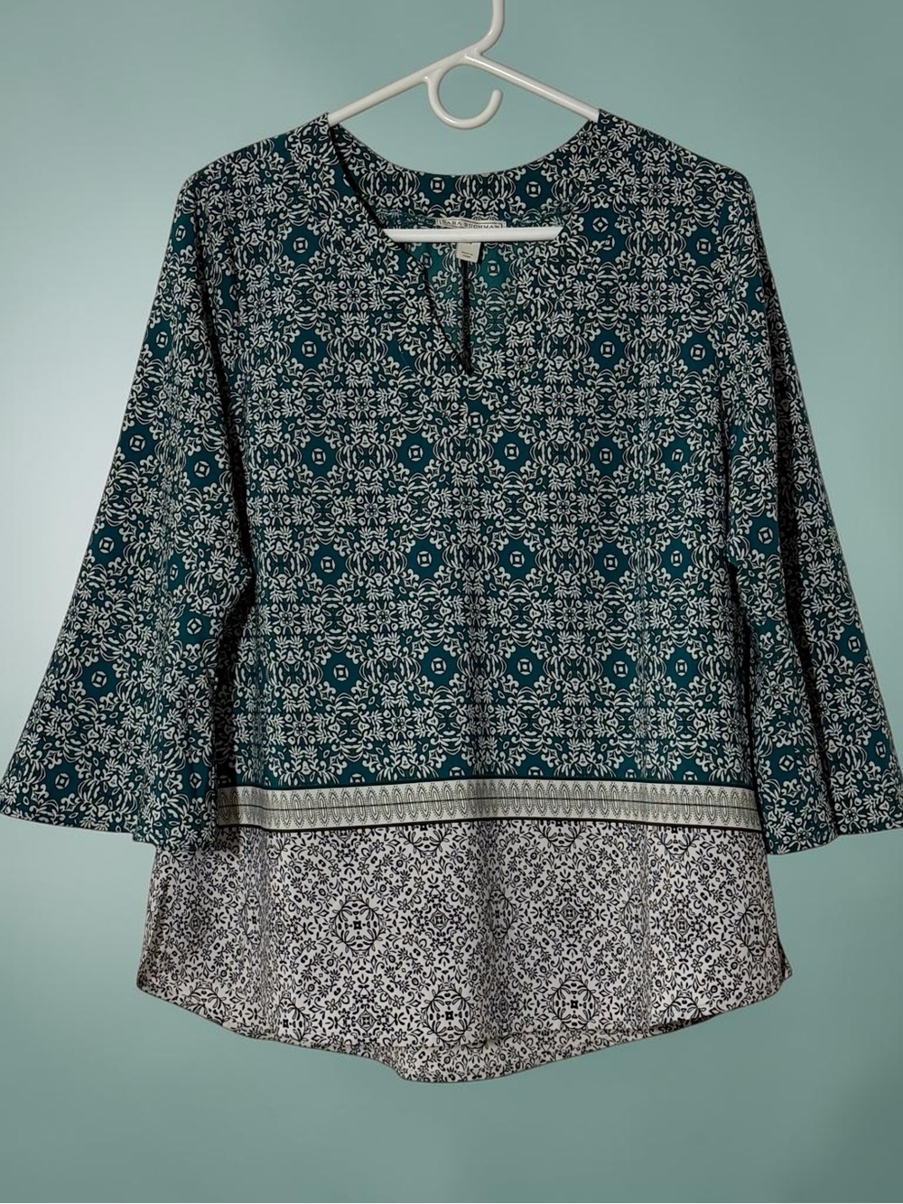 Dana Buchman Teal and White Printed Tunic Top
